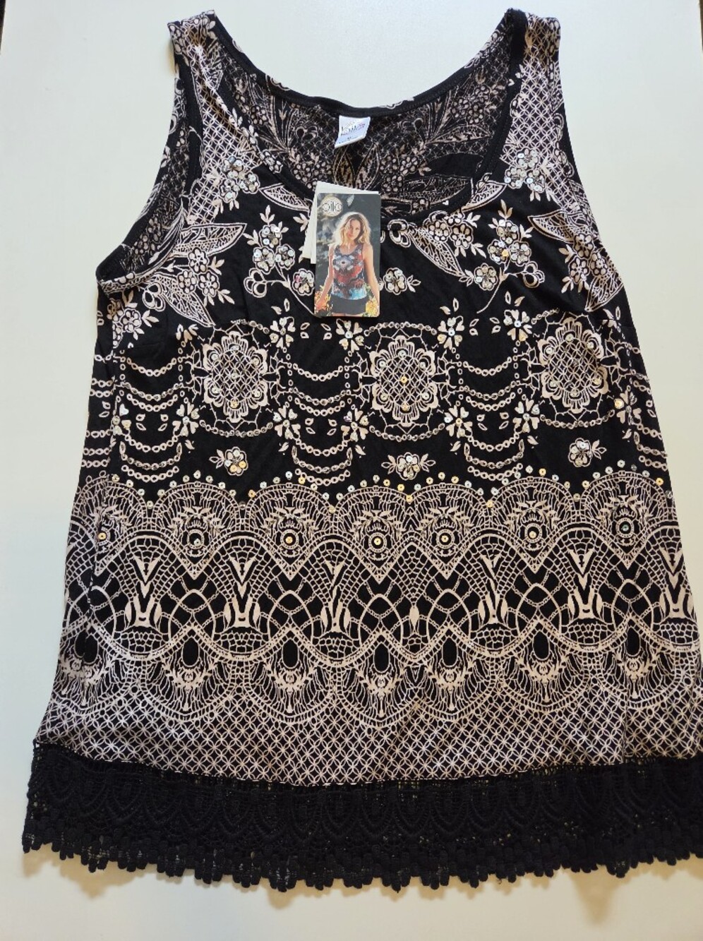 NWT Bila Boho Black White Embellished Sequin Lace Tank Top Size M